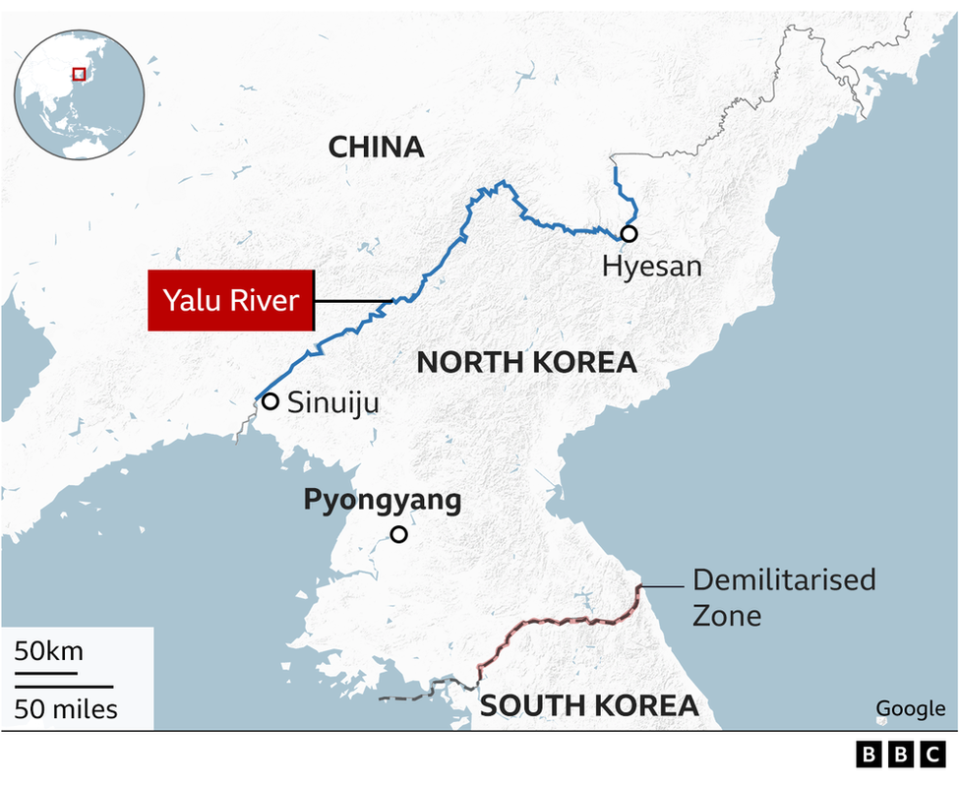 Map showing the China-North Korea border and the highlighting the Yalu river