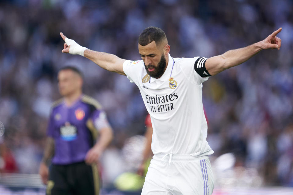 MADRID, SPAIN - APRIL 02: Karim Benzema of Real Madrid CF celebrates after scoring his team's third goal during the LaLiga Santander match between Real Madrid CF and Real Valladolid CF at Estadio Santiago Bernabeu on April 02, 2023 in Madrid, Spain. (Photo by Mateo Villalba/Quality Sport Images/Getty Images)