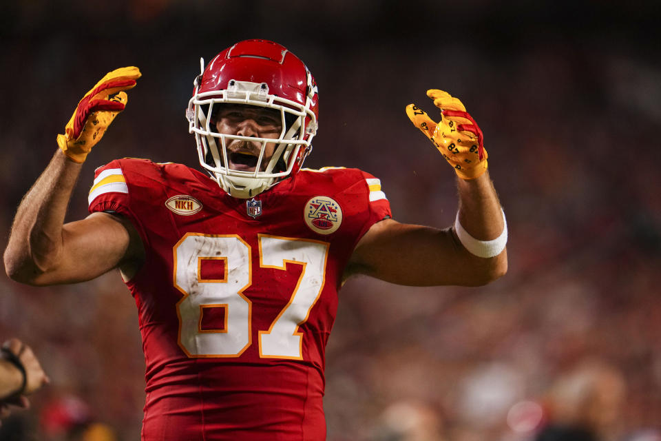 Close-up of Travis wearing his Chiefs jersey