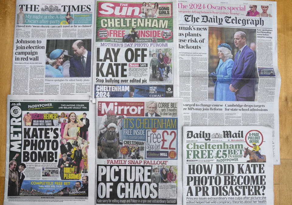 A montage of some of the front pages of Britain's newspapers, in London, Tuesday, March 12, 2024. The Princess of Wales has apologized for "confusion" caused by her altering of a family photo released by the palace. The image of Kate and her children was intended to calm concern and speculation about the princess's health, but had the opposite effect. Several news agencies that initially published the photo, including The Associated Press, withdrew the image over concerns about digital manipulation. (AP Photo/Kirsty Wigglesworth)