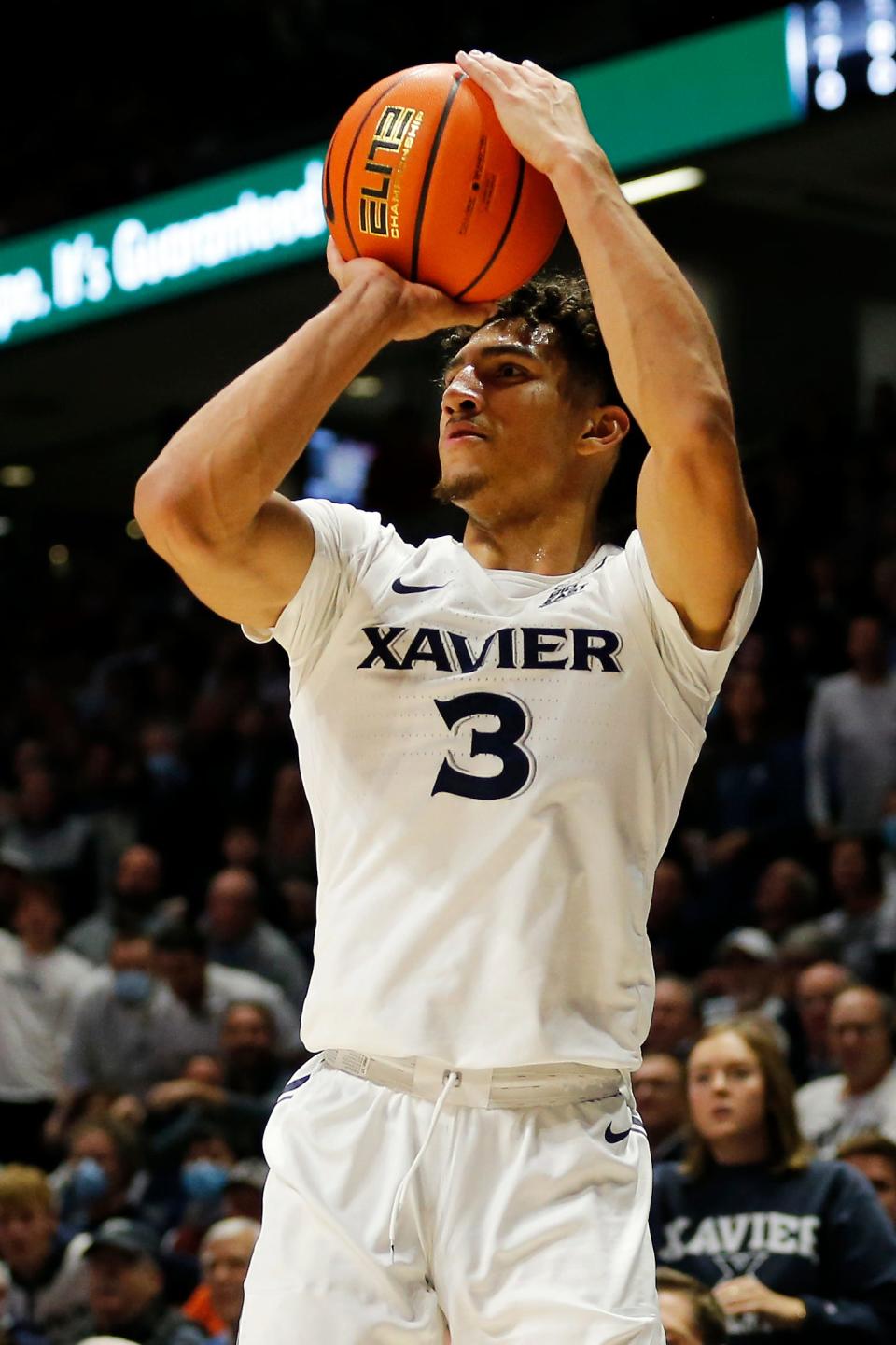 Xavier Musketeers guard Colby Jones (3) shoots for three in the second half of the NCAA basketball game between the Xavier Musketeers and the Ohio State Buckeyes at the Cintas Center in Cincinnati on Thursday, Nov. 18, 2021. Xavier defeated the 19-ranked Buckeyes, 71-65.