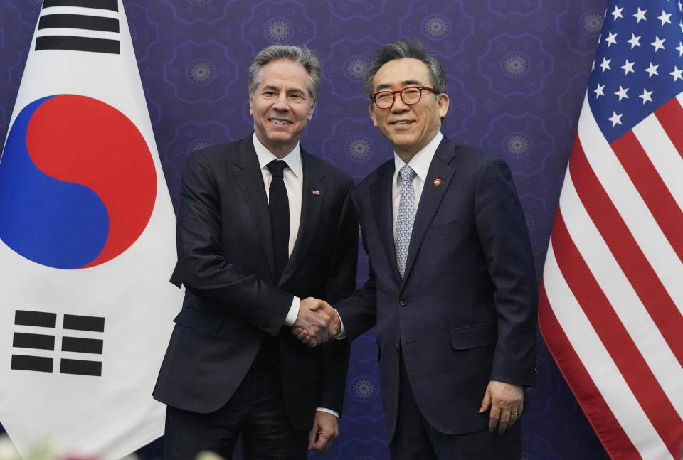 U.S. Secretary of State Antony Blinken, left, and South Korean Foreign Minister Cho Tae-yul pose for a photo as they meet at the Foreign Ministry in Seoul, South Korea, Monday, March 18, 2024. (AP Photo/Ahn Young-joon, Pool)