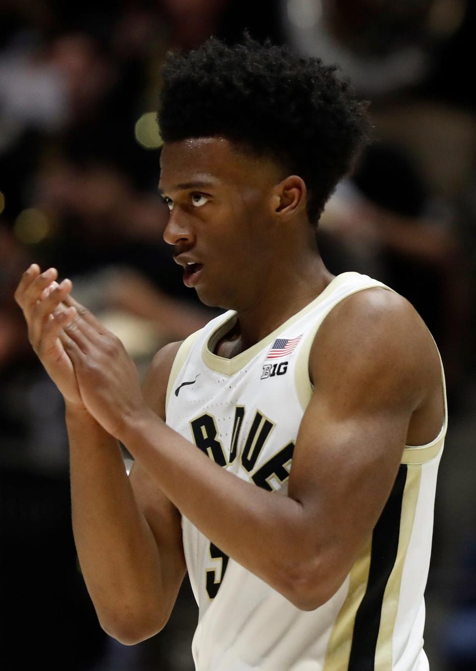 Purdue Boilermakers guard Myles Colvin (5) reacts after a timeout is called during the NCAA men’s basketball game against the Xavier Musketeers, Monday, Nov. 13, 2023, at Mackey Arena in West Lafayette, Ind. Purdue Boilermakers won 83-71.