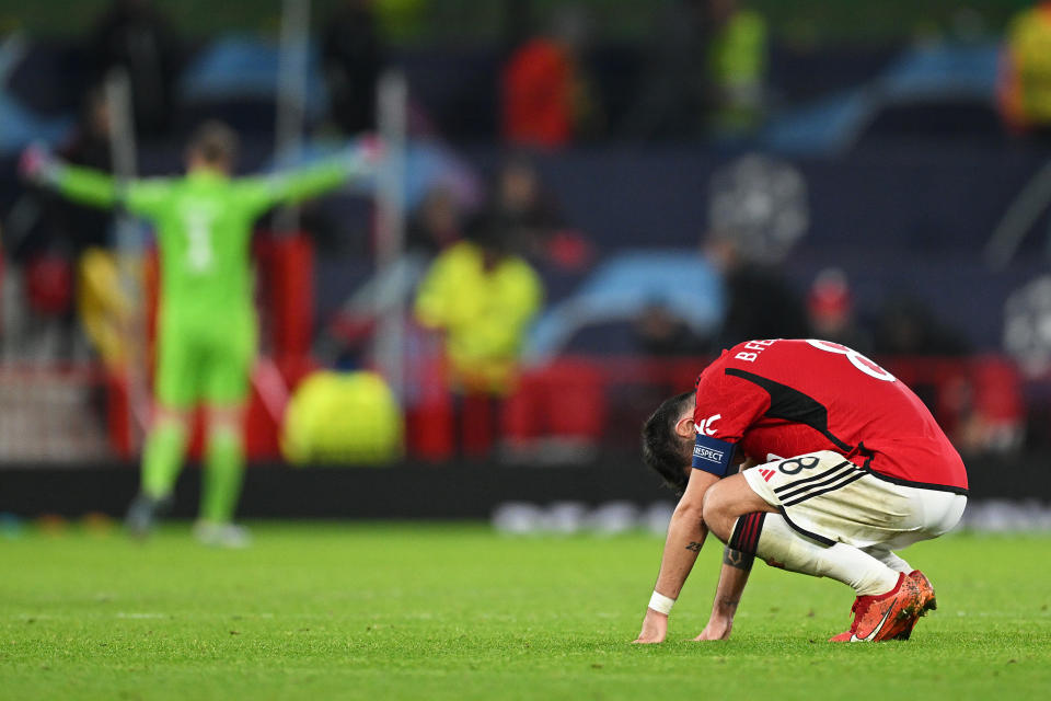 Bruno Fernandes and Manchester United limped out of the Champions League group stage Tuesday with a loss to Bayern Munich. (Photo by Shaun Botterill/Getty Images)