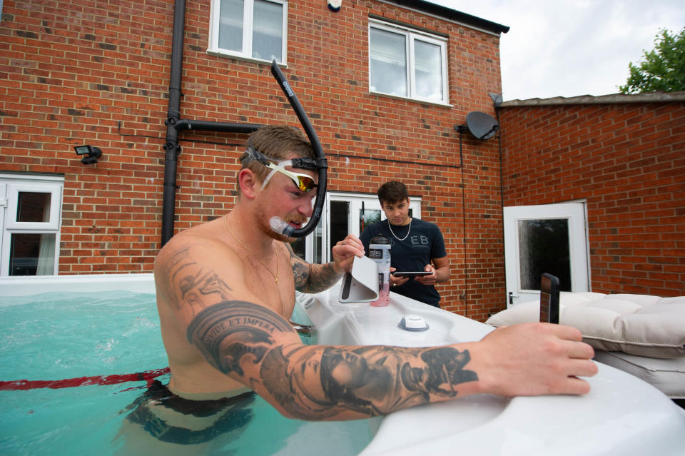 British swimmer Adam Peaty trains at his house in Loughborough in pool provided by Jacuzzi in partnership with Bedfordshire Hot Tubs to allow our GB Olympic Swimmers to continue to train at home for Tokyo 2021 during the current UK lockdown.