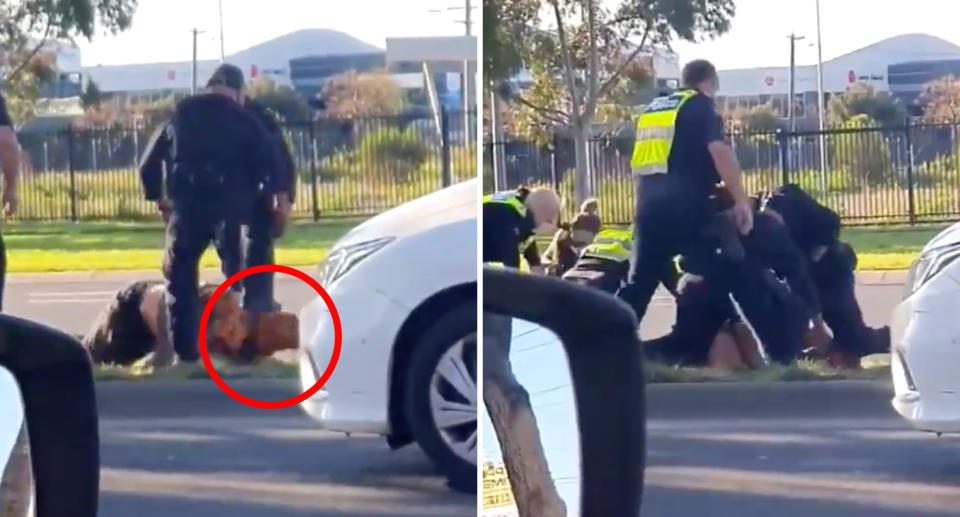 A man in Melbourne is seen here being restrained by six Victoria Police officers when one appears to stomp on his head.