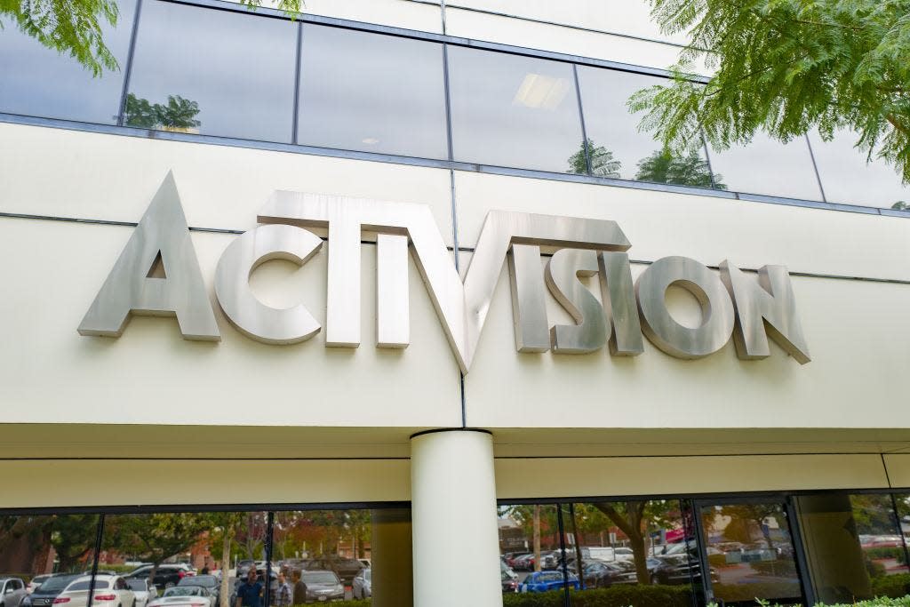 Gaming giant Activision Blizzard's silver logo on one of its storefronts.