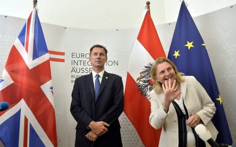 Karin Kneissl with her British counterpart, Jeremy Hunt, at a meeting in Vienna earlier this month - Credit: Herbert Pfarrhofer/AFP