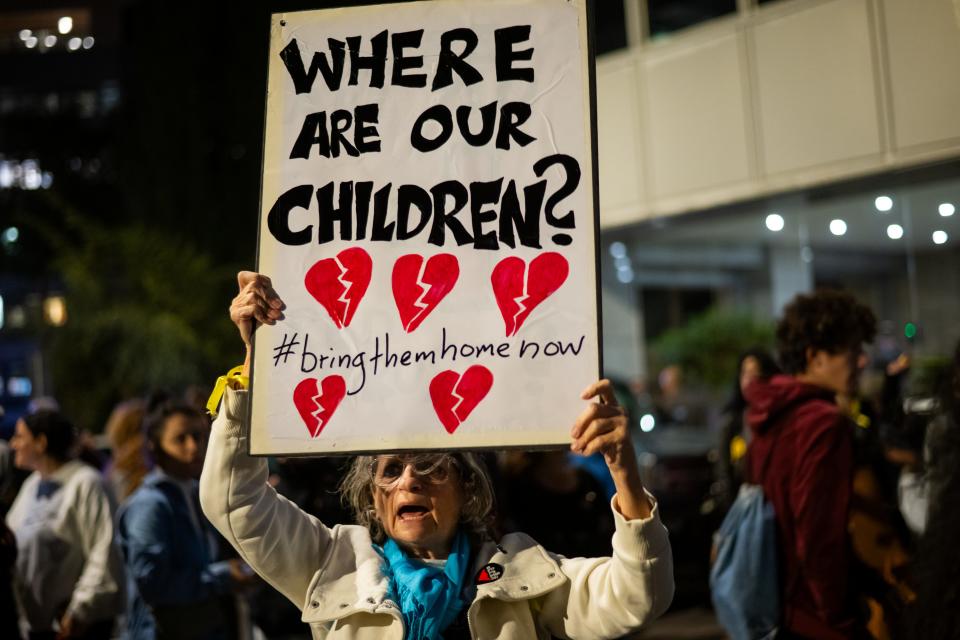 TEL AVIV, ISRAEL - NOVEMBER 20: The parents and relatives of children kidnapped on October 7th take part in a demonstration outside the UNICEF headquarters to protest their silence to 40 children held hostage in Gaza on World’s Children Day.