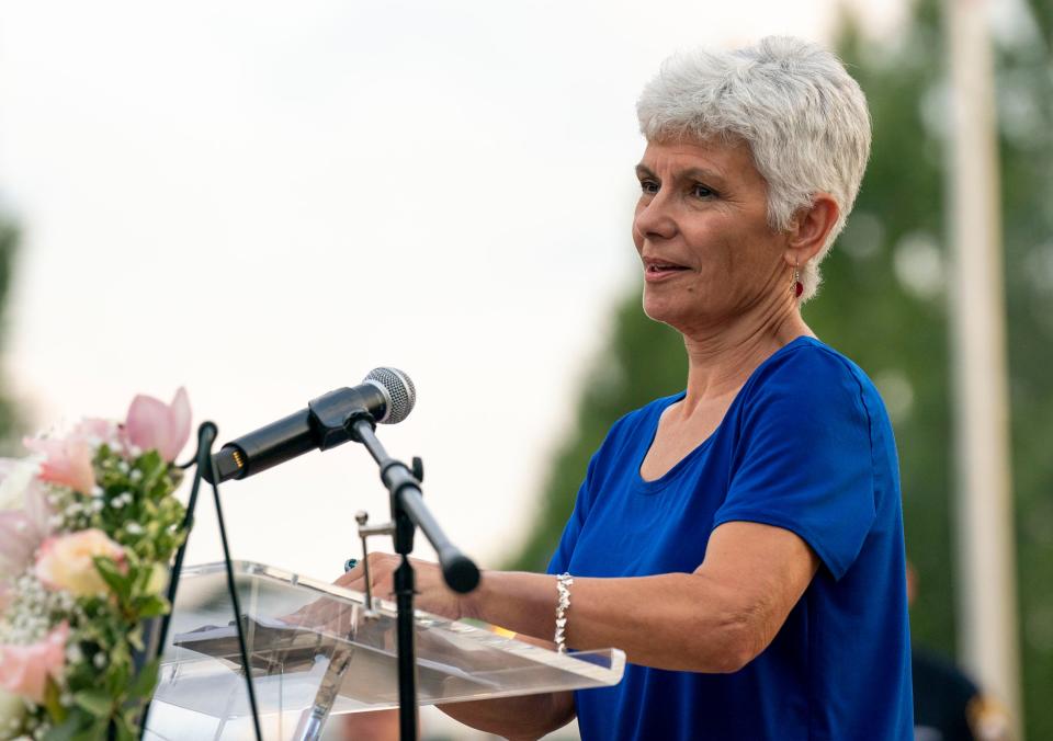 Dahlia Galindez, Katie Seley's mother, speaking at the vigil honoring both victims and survivors of the recent flash flooding in Upper Makefield at the 911 Memorial Garden of Reflection in Lower Makefield on Sunday, July 23, 2023.