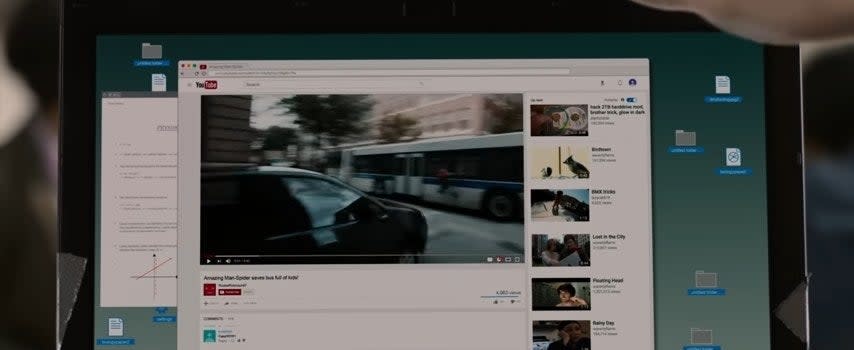 A video of Spider-Man stopping a car crash on Peter's laptop in "Spider-Man: Homecoming"