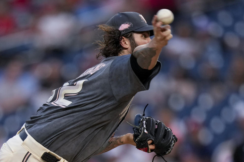 Washington Nationals starting pitcher Trevor Williams throws during the fourth inning of the team's baseball game against the Miami Marlins at Nationals Park, Friday, June 16, 2023, in Washington. (AP Photo/Alex Brandon)