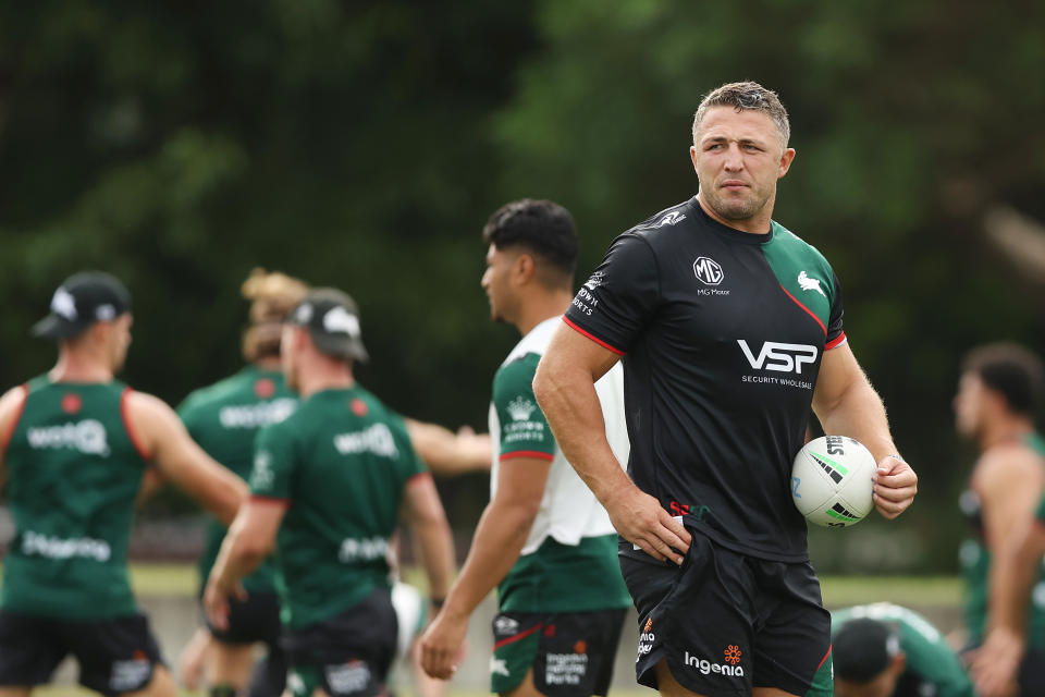 SYDNEY, AUSTRALIA - FEBRUARY 27: Sam Burgess of the Rabbitohs coaching staff watches on during a South Sydney Rabbitohs NRL training session at Redfern Oval on February 27, 2023 in Sydney, Australia. (Photo by Mark Metcalfe/Getty Images)