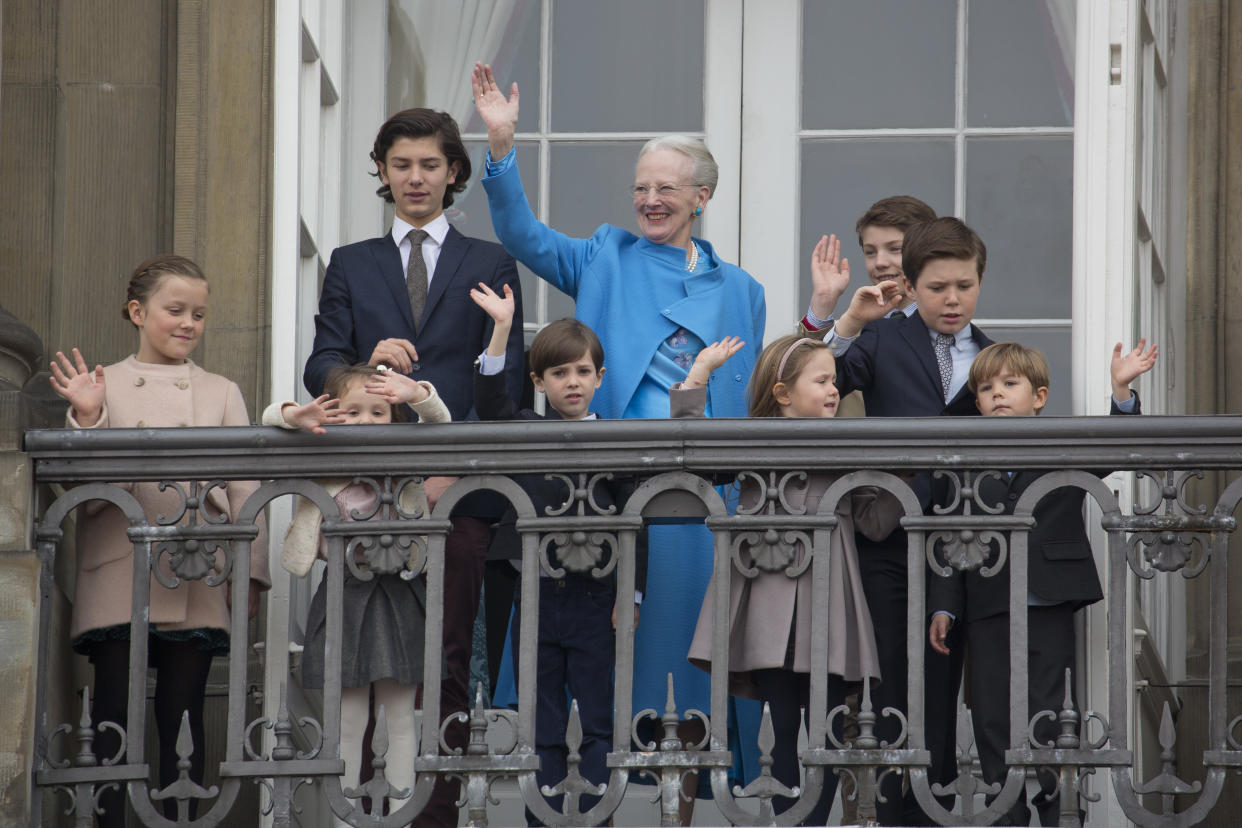 COPENHAGEN, DENMARK- APRIL 16:   Queen Margrethe  II of Denmark celebrates her 76th Birthday with her grandchildren, ( l to r ) Princess Isabella,Prince Nikolai, Princess Athena, Prince Henrik, Princess Josephine,Prince Felix,Prince Christian  and Prince Vincent, at  Amalienborg Palace, on April 16, 2016, in Copenhagen, Denmark (Photo by Julian Parker/UK Press via Getty Images)