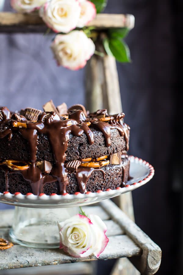 Fudgy One-Bowl Chocolate Peanut Butter Cup Pretzel Cake