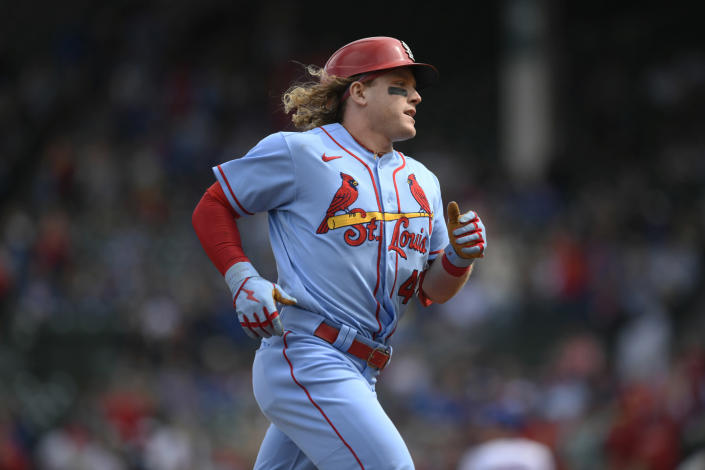 St. Louis Cardinals' Harrison Bader rounds third base after hitting a solo home run during the second inning of a baseball game against the Chicago Cubs Saturday, Sept. 25, 2021, in Chicago. (AP Photo/Paul Beaty)