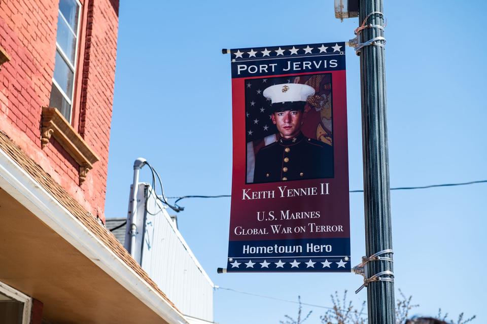 A Hometown Heroes banner featuring veteran Keith Yennie of Port Jervis on Jersey Avenue in Port Jervis on April 29, 2022. Yennie launched the nonprofit Operation: Got Your Six, which helps veterans dealing with housing and mental health issues, as well as, anyone who is a victim of domestic violence. Yennie lost his own battle with PTSD recently.