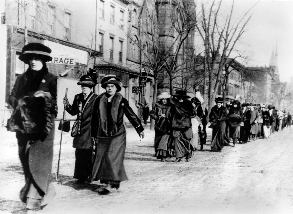 Suffragists led by "General" Rosalie Jones march from New York on their way to the Woman Suffrage Procession in Washington, D.C., on the eve of Woodrow Wilson's inaugural in March 1913.