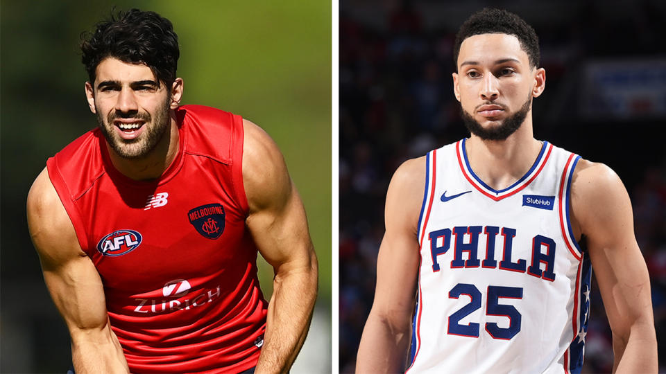 AFL star Christian Petracca (pictured left) training and Sixers star Ben Simmons (pictured right) during the NBA playoffs.