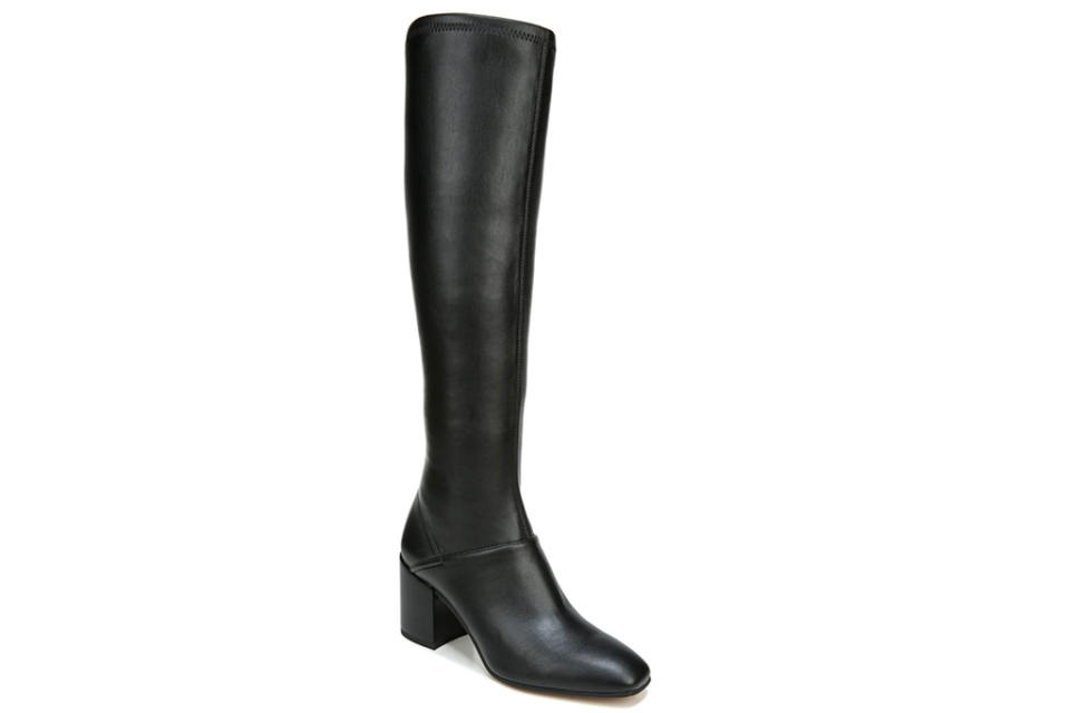 black boots, knee-high, heel, square-toe, shoes