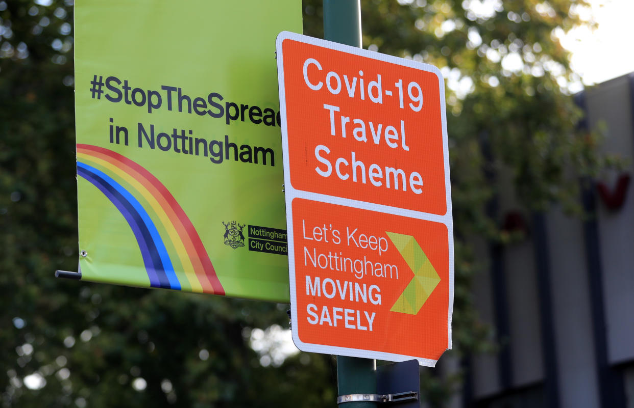 A Stop the Spread sign in Nottingham. Health officials are expecting the city to be placed in lockdown after a surge in Covid-19 cases. (Photo by Mike Egerton/PA Images via Getty Images)