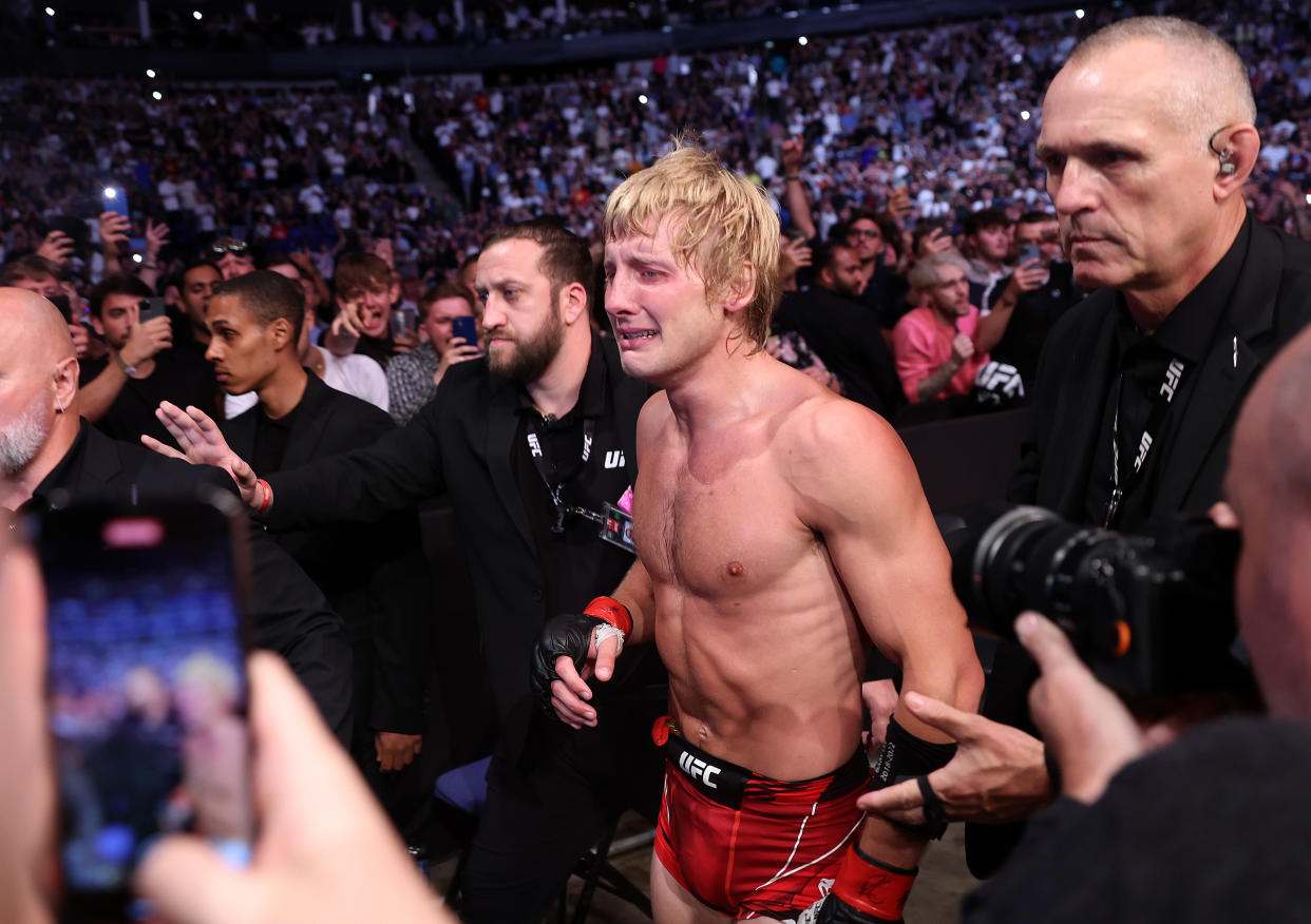 LONDON, ENGLAND - JULY 23:  Paddy Pimblett of England celebrates defeating Jordan Leavitt of USA in the Lightweight bout during UFC Fight Night at O2 Arena on July 23, 2022 in London, England. (Photo by Julian Finney/Getty Images)