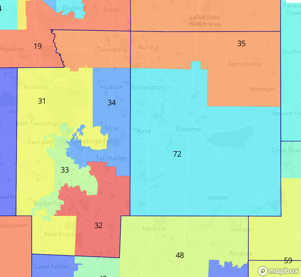 GOP plan for House seats: This screenshot from Dave's Redistricting, an electoral mapping program that promotes civic engagement, shows the proposed boundaries of Ohio House districts for Summit and Portage counties under the Republicans' proposal.