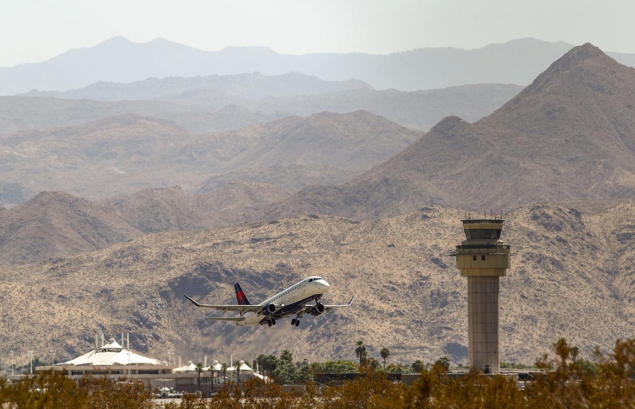 A Delta Air Lines flight takes off from Palm Springs International Airport in Palm Springs, September 25, 2020.