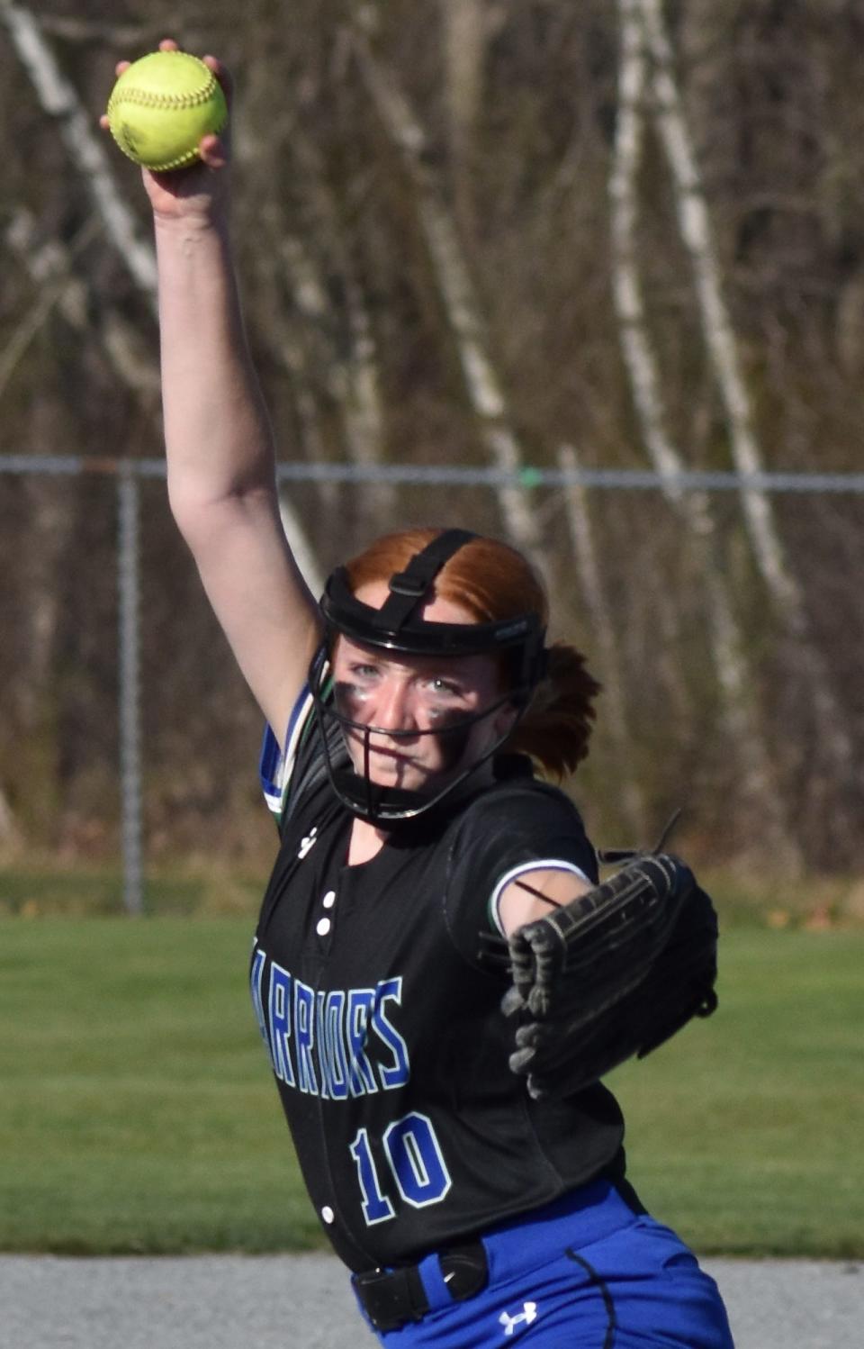 Blue Hill's pitcher's Riley McKnight throws a pitch toward the plate during Thursday's game against Diman at YMCA Swansea.