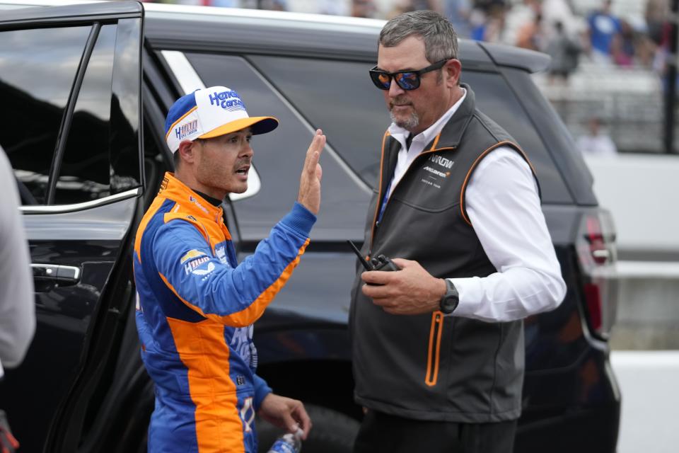 Kyle Larson waves to fans as he leaves following the Indianapolis 500 auto race at Indianapolis Motor Speedway, Sunday, May 26, 2024, in Indianapolis. (AP Photo/Darron Cummings)