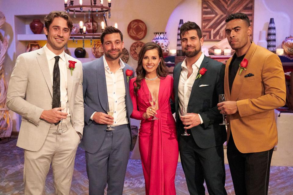 From left: Greg, Michael, Katie, Blake, and Justin. So which guy is the right fit for Katie? “Greg brings out this really loving, passionate side of her; Blake brings out the goofy and in-love side, and Justin brings out a more serious side,” Kaitlyn Bristowe tells Glamour. “She has this unique ability to get in the moment with each one of them that makes me think there’s no wrong choice here.”