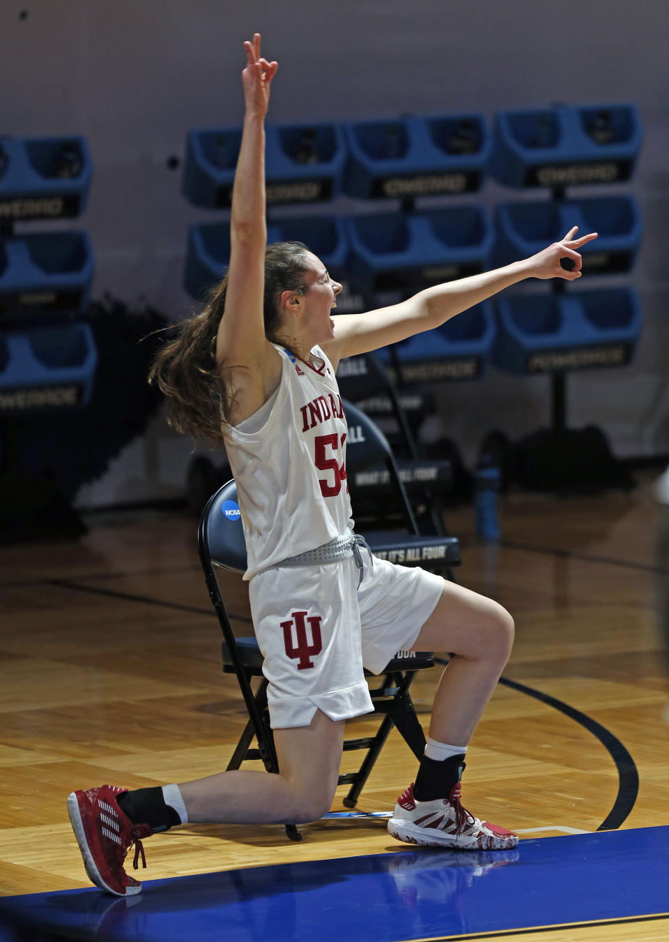 Indiana forward MacKenzie Holmes (54) celebrates a basket against Belmont during the first half of a college basketball game in the second round of the NCAA women's tournament at Greehey Arena in San Antonio on Wednesday, March 24, 2021. (AP Photo/Ronald Cortes)