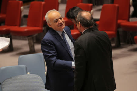 U.N. Libya envoy Ghassan Salame greets Elmahdi Elmajerbi, Libya's U.N. Ambassador following a United Nations Security Council meeting at U.N. headquarters in New York, U.S., May 21, 2019. REUTERS/Brendan McDermid