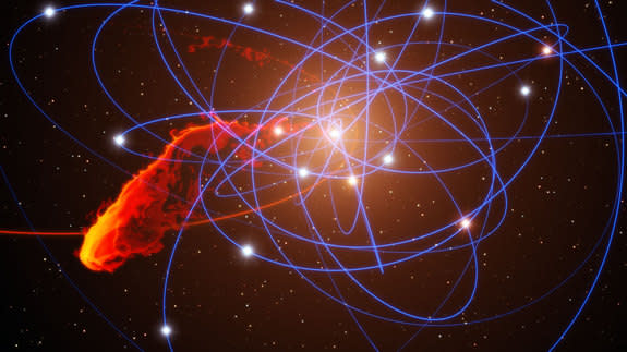 A computer simulation shows the G2 gas cloud's encounter with the supermassive black hole Sagittarius A* at the center of the Milky Way, as well as the paths of the many other objects that orbit the black hole.