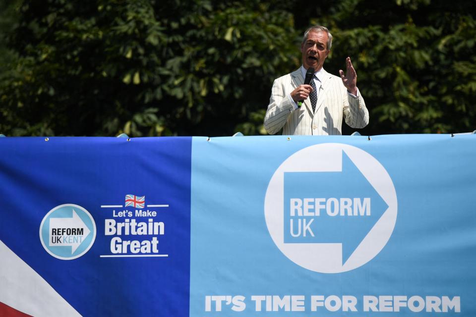 Britain's Reform UK Party Leader Nigel Farage delivers a speech in Kent, Britain, on June 24, 2024.