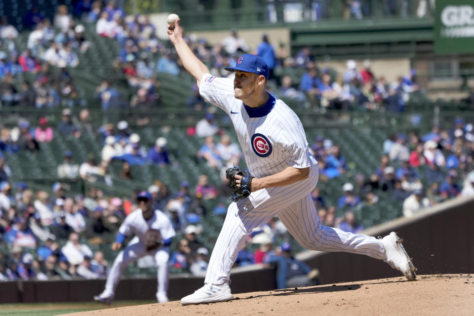 Chicago Cubs starting pitcher Jameson Taillon delivers during the first inning of a baseball game against the Miami Marlins Friday, April 19, 2024, in Chicago. (AP Photo/Charles Rex Arbogast)