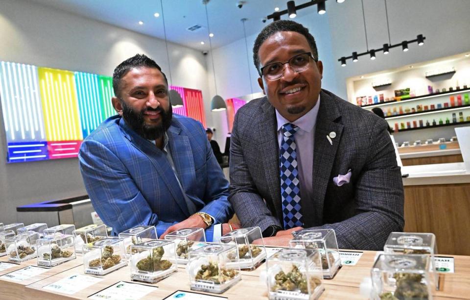 Jas Kahlon, left, with Barigye McCoy, both partners in the new Culture Cannabis Club with two locations in Fresno. Photographed Thursday, Jan. 11, 2024 in Fresno.