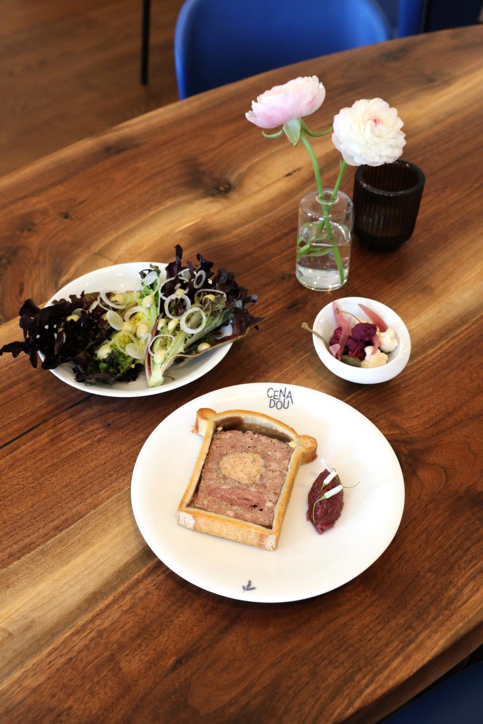 Homemade pate en croute, duck and foie gras, pickled vegetables, red onions and pomegranate chutney at Cenadou, a new French bistro in North Salem, May 30, 2023.