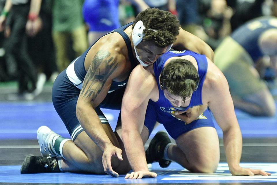 Penn State’s Greg Kerkvliet controls South Dakota State’s AJ Nevills in their 285-pound second round match of the NCAA Championships on Thursday, March 16, 2023 at the BOK Center in Tulsa, Okla. Kerkvliet racked up a 14-2 major decision.