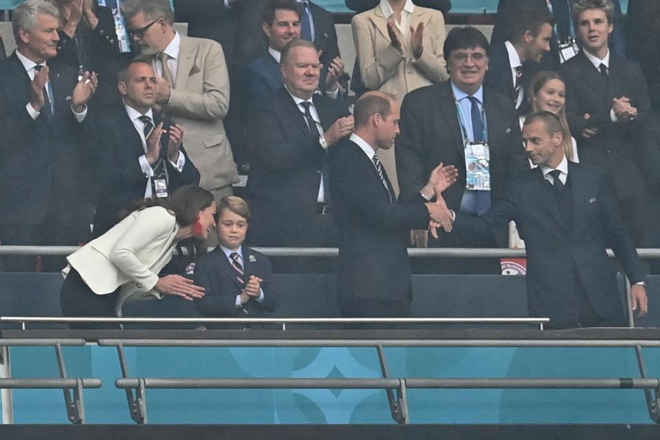 Guests, including Prince William, Duke of Cambridge, Prince George of Cambridge, and Catherine, Duchess of Cambridge, UEFA President Aleksander Ceferin, are seen before the UEFA EURO 2020 final football match between Italy and England at the Wembley Stadium in London on July 11, 2021. (Photo by Paul ELLIS / POOL / AFP) (Photo by PAUL ELLIS/POOL/AFP via Getty Images)