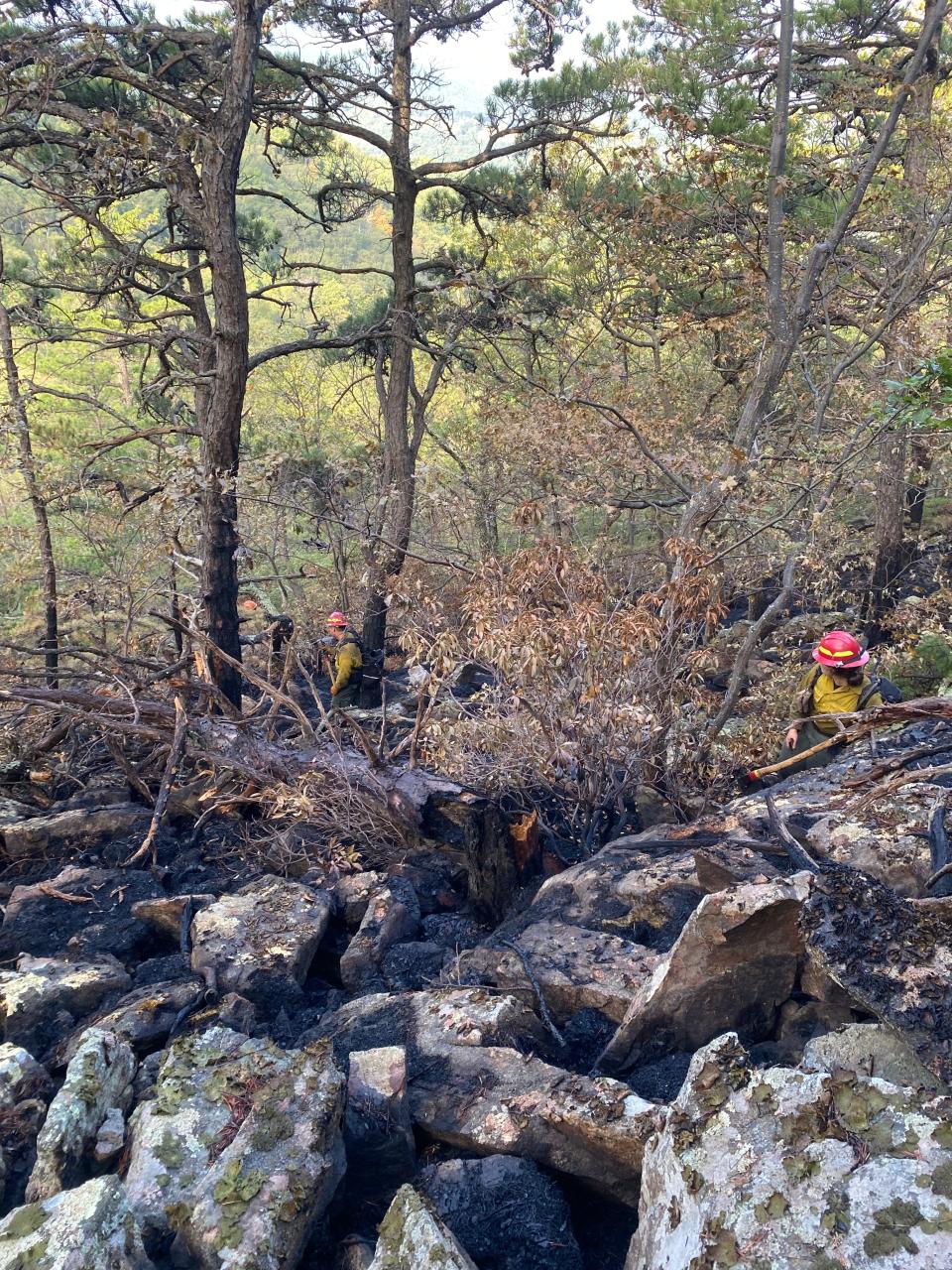 Firefighters have established a fire line around the fire perimeter and are extinguishing hot spots throughout the area.