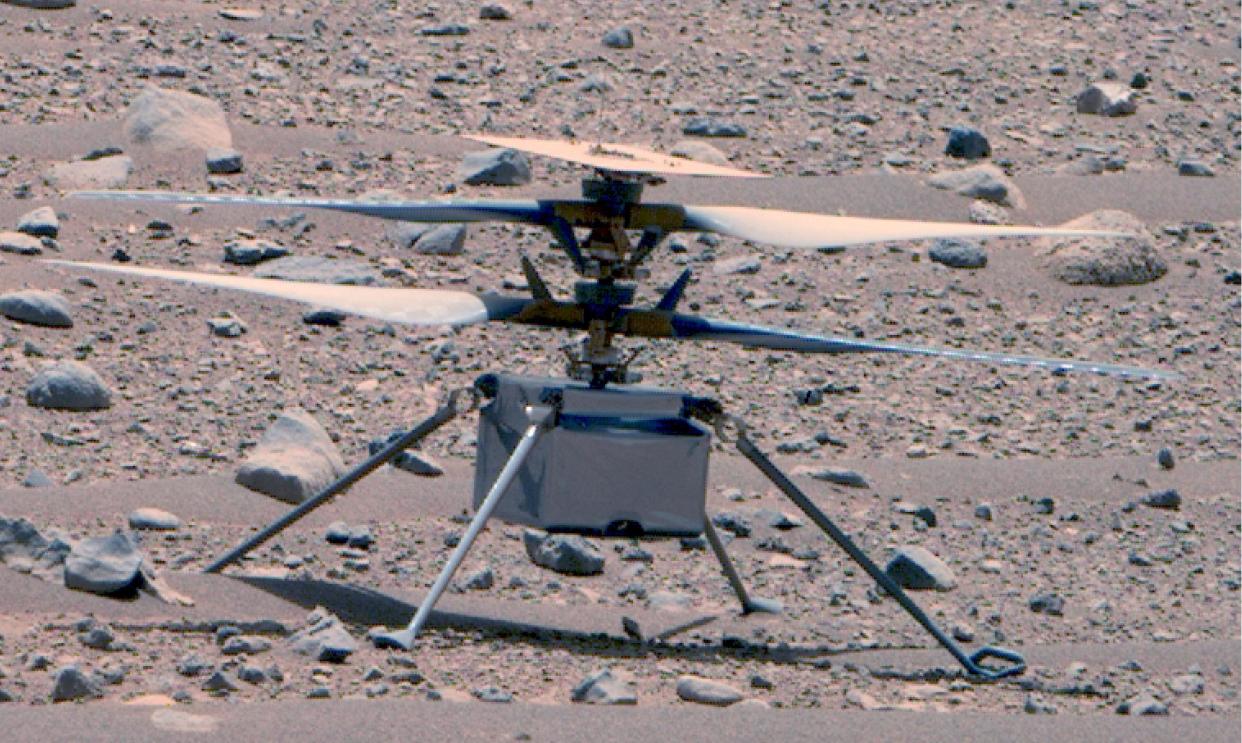  NASA's Ingenuity Mars helicopter, photographed by the agency's Perseverance rover on April 16, 2023. The rover captured this enhanced-color image using its Mastcam-Z instrument. . 