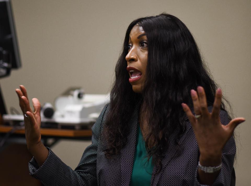 MSU Board of Trustees member Brianna Scott speaks Monday, Sept. 23, 2019, during a campus town hall meeting at the MSU Union.