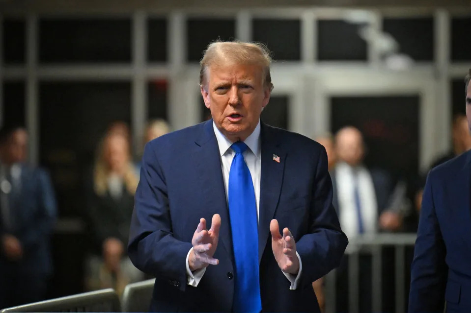 Former President Donald Trump speaks to the media at the end of the day on April 22, 2024 in New York City. (Angela Weiss / Pool via Getty Images)