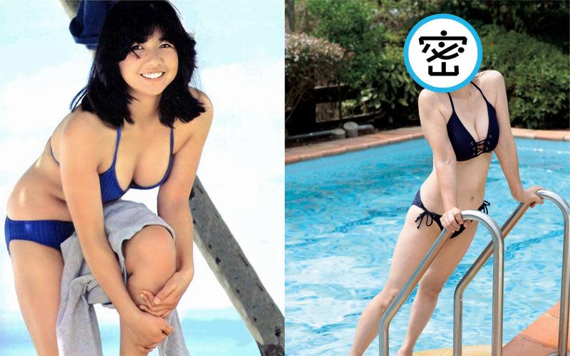 宮崎美子40年前拍寫真入行（左圖），今年為紀念入行40週年再穿上比基尼推出個人月曆。左圖翻攝自網路，右圖翻攝自每日體育報）