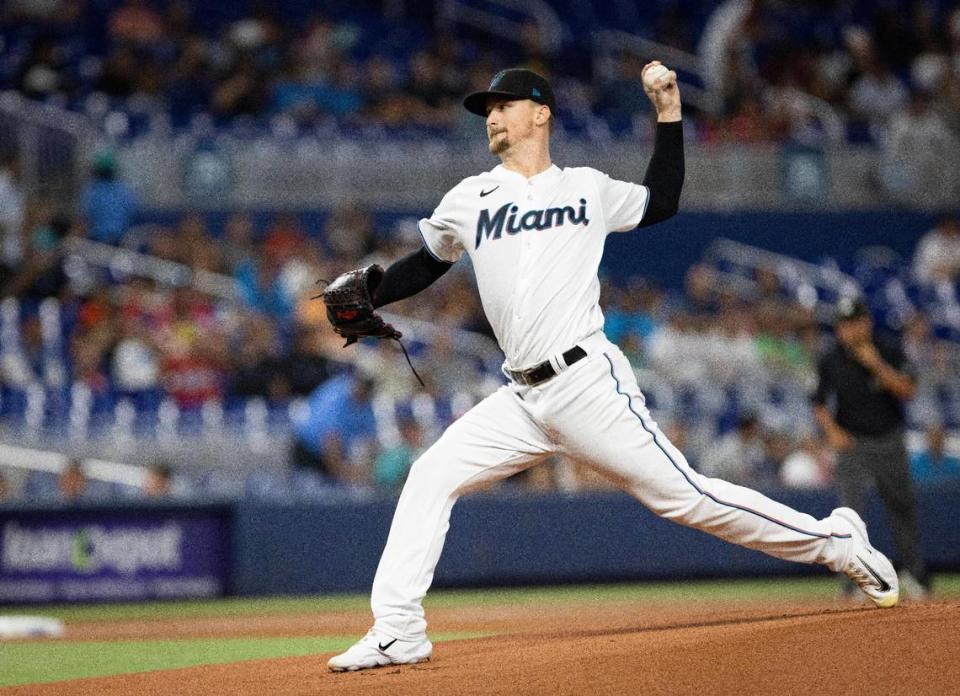 Miami Marlins starting pitcher Braxton Garrett (29) throws the first pitch during a baseball game against the Houston Astros on Monday, Aug. 14, 2023, at loanDepot Park in Miami.