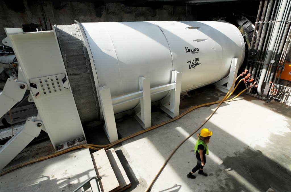 Boring Company's prufrock digging machine sits at the bottom of a construction site during a media tour in the Las Vegas Convention Center.