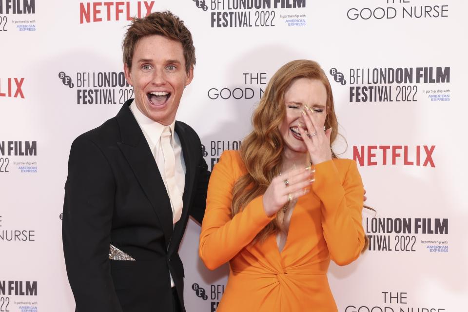 Eddie Redmayne, left, and Jessica Chastain pose for photographers upon arrival for the premiere of the film 'The Good Nurse' during the 2022 London Film Festival in London, Monday, Oct. 10, 2022. (Photo by Vianney Le Caer/Invision/AP)