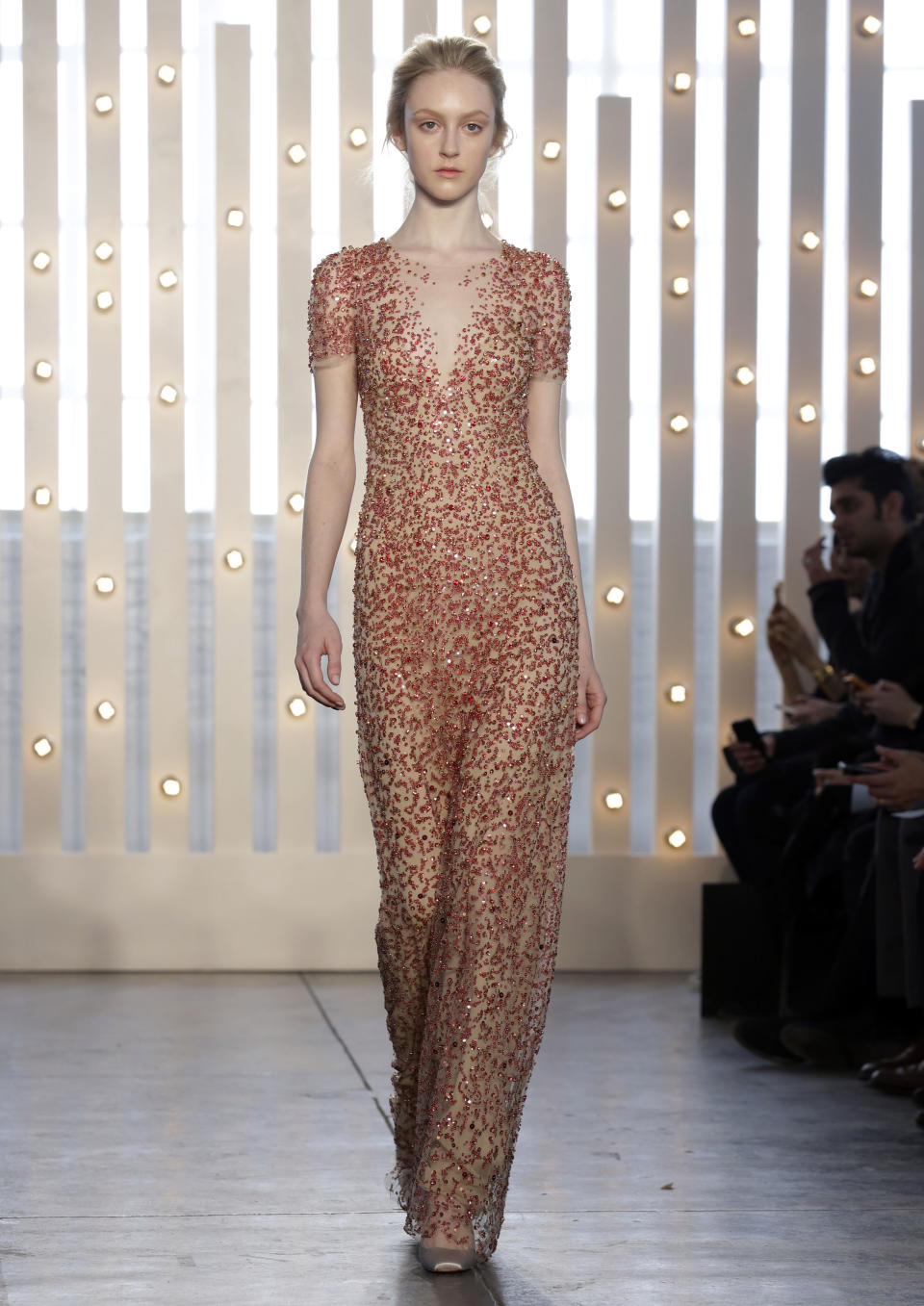 The Jenny Packham Fall 2014 collection is modeled during Fashion Week in New York, Tuesday, Feb. 11, 2014. (AP Photo/Richard Drew)