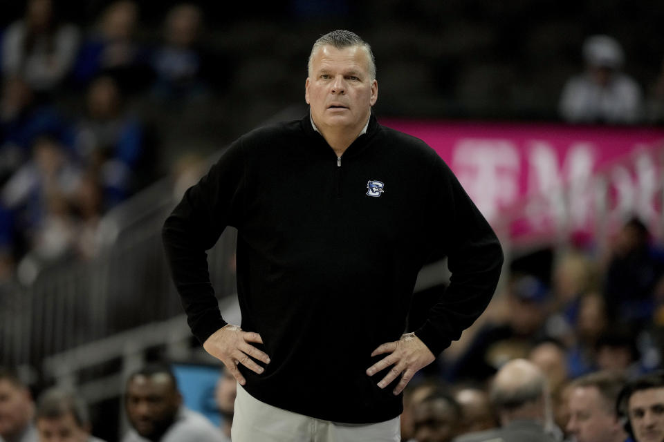 Creighton head coach Greg McDermott watches during the second half of an NCAA college basketball game against Colorado State Thursday, Nov. 23, 2023, in Kansas City, Mo. Colorado State won 69-48. (AP Photo/Charlie Riedel)